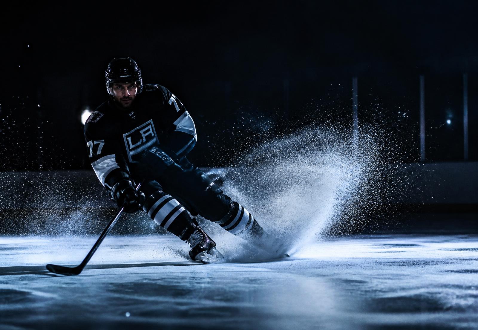 Hockey player carving a hard stop with ice spraying under arena lights